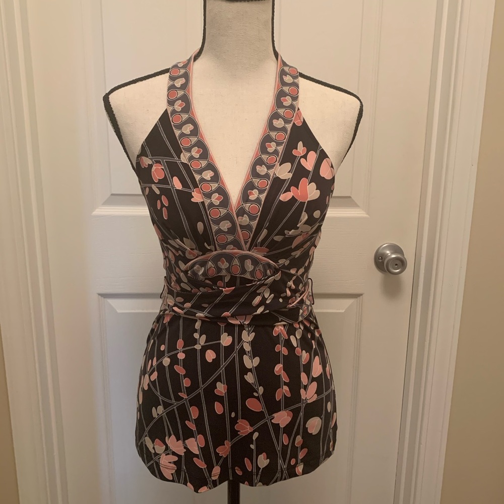 V-neck halter top with empire wrap around waist